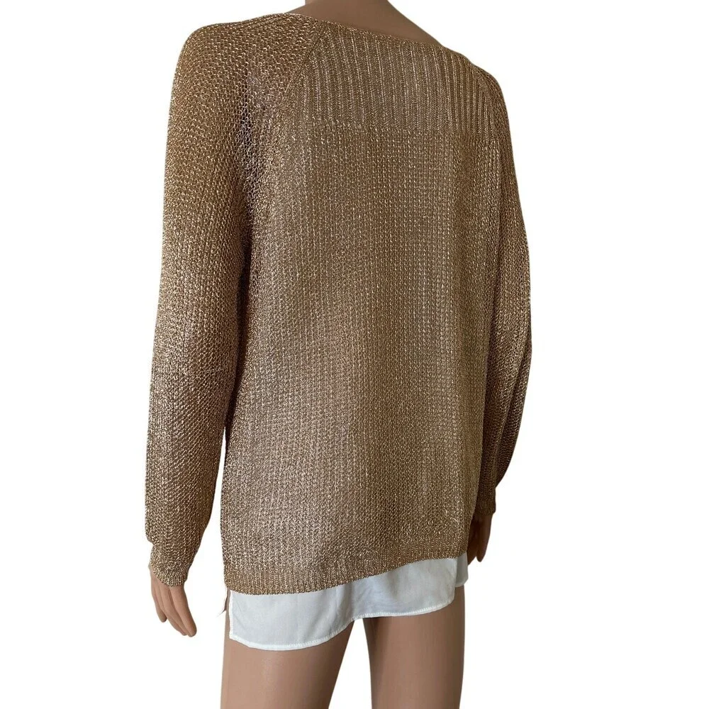 Chicos Sweater Metallic Copper/gold Cotton Blend Crewneck chain link SZ 2 US LG